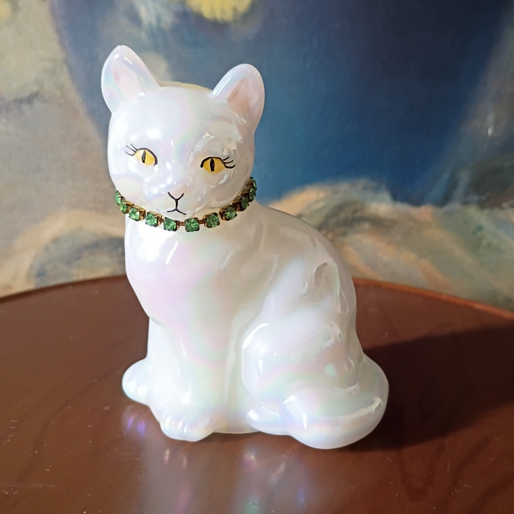 Fenton Iridescent White Figurine with Signature